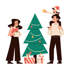 Happy family decorates the Christmas tree. Family celebrate christmas at home. Parents and children decorate xmas tree. Happy christmas at home, new year celebration illustration. Flat Design.