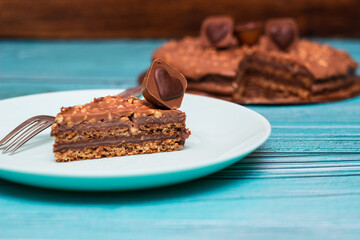 Delicious chocolate layer cake with toffee heart