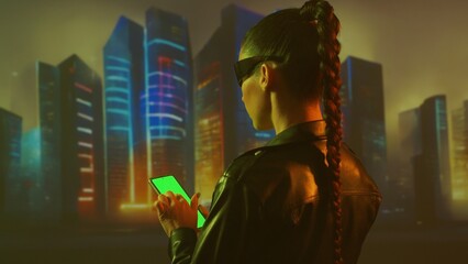 Portrait of cyberpunk girl with a smartphone. Beautiful young woman on the background of city...