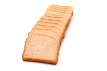 Fototapeta na wymiar Delicious bread slices isolated on a white background, top view.