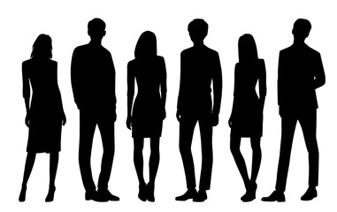 Vector silhouettes of  men and a women, a group of standing   business people, profile, black  color isolated on white background