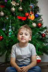 A photo of a beautiful boy in a gray T-shirt at the Christmas tree, looking into the camera. Portrait in a bright room. Natural, not staged photography.