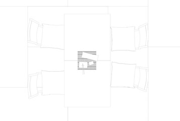 Outline of a Japanese dining room from black lines isolated on a white background. View from above. 3D. Vector illustration.