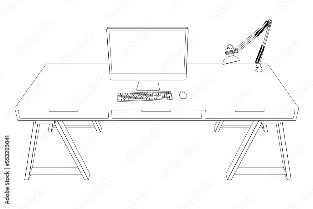 Fototapete the contour of the workplace with a computer on the table and a lamp made of black lines isolated on