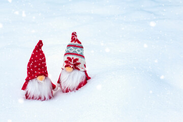 Naklejka na ściany i meble Christmas holiday card Cute scandinavian gnomes with red hat and white beard on snowy winter forest Fairytale snowfall Wintertime Hello December, January, February concept Happy New Year, Christmas