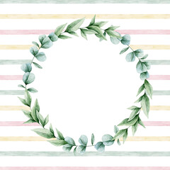 Watercolor illustration card eucalyptus wreath and multicolor strips. Isolated on white background. Hand drawn clipart. Perfect for card, postcard, tags, invitation, printing, wrapping.