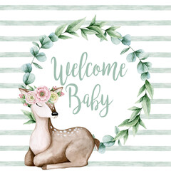 Watercolor illustration card welcome baby with wreath, deer, stripes. Isolated on white background. Hand drawn clipart. Perfect for card, postcard, tags, invitation, printing, wrapping.