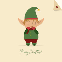 Cartoon Christmas elf with freckles eats gingerbread. Cute Xmas greeting card 