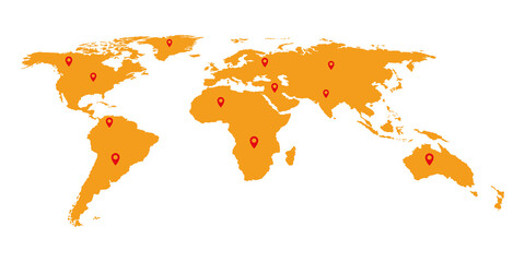 Map of the world in orange with pins transparent.