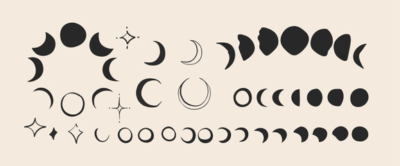 Hand drawn vector abstract graphic illustration with logo elements collection set,magic crescent, moon phases, stars, silhouettes and line art,isolated. Astrology moon and star design concept drawing.