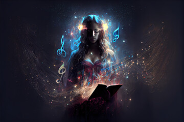 Surreal image of a woman in harmony with music, symbolizing sound healing therapy, enveloped in ethereal swirls and musical notes. . generative ai 