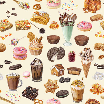 Watercolor seamless pattern with sweet desserts and coffee drinks background. Illustration for textures, wallpapers, fabrics, postcards. 