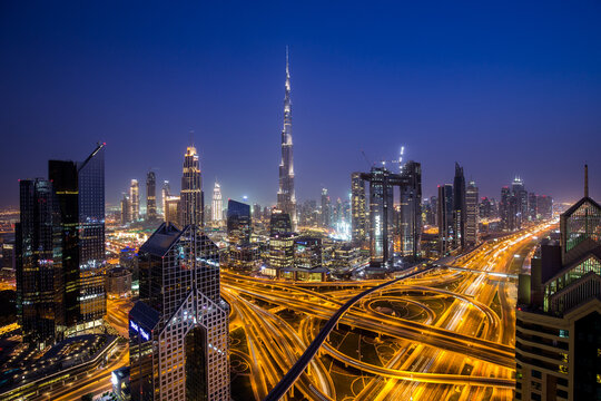 Dubai, UAE - July 19, 2018: Beautiful view of Dubai skyline at night.