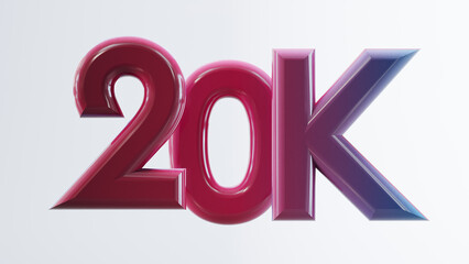 3D render of colored twenty thousand 20K isolated on white background, 20k or 20000 followers thank you.