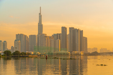 Beautiful morning in District 1, view to Landmark 81, the tall skyscraper in Vietnam and all Southeast Asia.