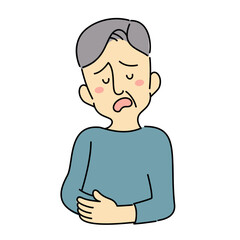 お腹の痛みにため息をつく高齢の男性