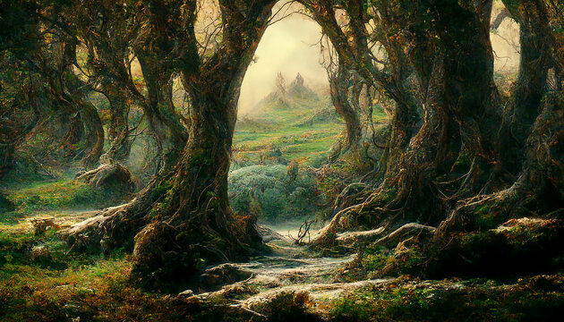 Fantasy forest painting old trees