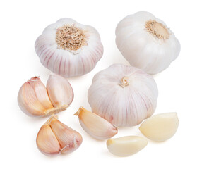 Top view fresh peeled garlic cloves, bulb with slices on white background.