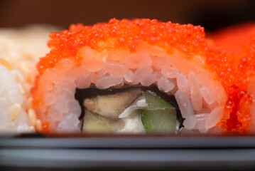 Delicious Japanese rolls with salmon, avocado, cucumber close up with selective focus. Asian food concept. Healthy eating