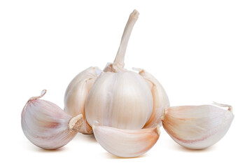Top view fresh bulb with garlic slices isolated on white background