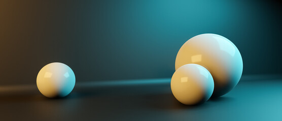 Three white shiny balls or spheres in realistic studio interior with copy space for text, 3D conceptual rendering illustration