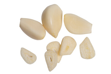 Top view Fresh peeled garlic cloves, bulb  with garlic slices