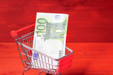 Sparbüchse, Euro Geldschein im Einkaufswagen