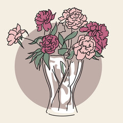 Bouquet of peonies. Flowers in a vase. Line drawing of floral composition. Sketch