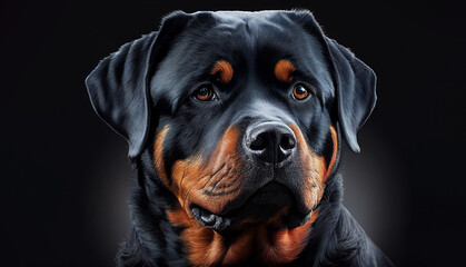 Fototapeta premium A portrait of a black Rottweiler dog, generative ai