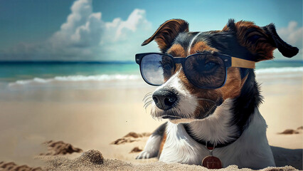 Dog with sunglasses on the beach, generative ai