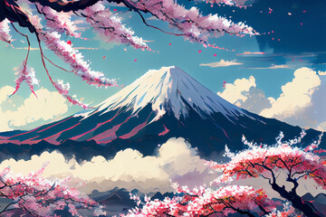 イメージ素材:アニメ風の桜と富士山の風景..