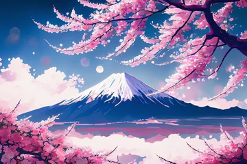 Keuken spatwand met foto イメージ素材:アニメ風の桜と富士山の風景..Generative AI © おでんじん