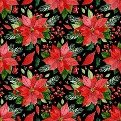 Christmas seamless pattern. Watercolor illustration. Red Poinsettia, Holly, berries, leaves, pine branches on a black background. For fabric, packaging, scrapbooking, etc.