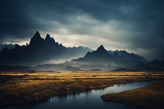 Small river in front of dramatic rising mountains overcast sky