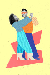 Vertical collage image of two excited positive people drawing clothes hold arms dancing isolated on painted background