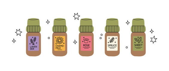 Set of glass bottles with essential oils. Lavender, chamomile, rose, spruce, sheet. Label, sticker. Vector illustration in cartoon hand draw style.Relaxation and home comfort. Trendy vector