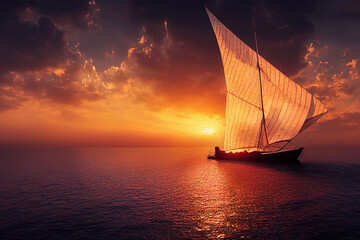 Sun glows through big sail at sunset ship boat