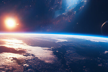 Fototapeta na wymiar View over planet from Space Exploration atmosphere sunrise over Alien planet
