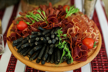 catering buffet table with snacks and appetizers. Concept for event, celebration and banquet.