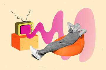 Collage photo of old age retired pensioner chilling lying down comfortable beanbag watch his...