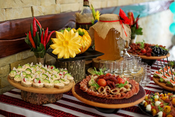 catering buffet table with snacks and appetizers. Concept for event, celebration and banquet.