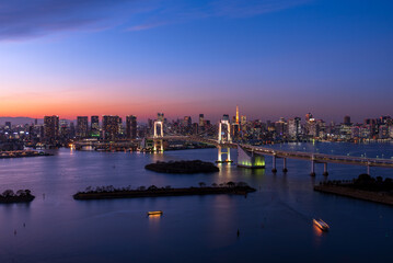 Panoramic view of Tokyo cityscape at dusk with Rainbow bridge and Tokyo tower.