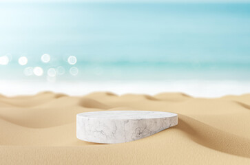 3D podium with copy space for product display presentation on beach with blue sky and white clouds abstract background. Tropical summer and vacation concept.