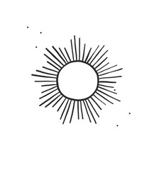 Hand drawn vector abstract graphic illustration with logo icon , magic celestial sun silhouette art in simple style ,isolated on white. Sun celestial logo concept design. Vector celestial symbol icon. - 553211092
