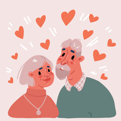 Illustration of Happy senior couple relaxing in park. Old man woman enjoying together. Elderly age, retirement, relationship concept
