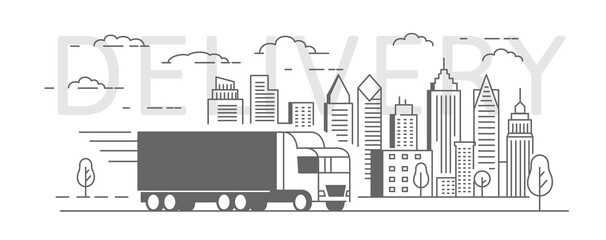 Truck with city line. Delivery riding on route