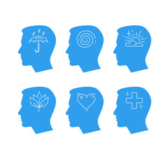 Mental state of happiness, good mood, calmness, self-acceptance and positive thinking. Psychotherapy concept. Vector set