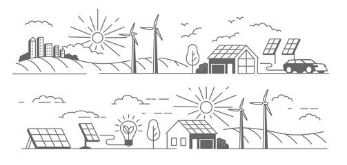 house with Solar panel and Wind turbines vector. Green energy renewable.