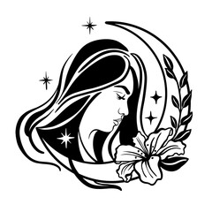 Mysterious portrait lady girl with moon in her hair. Vector hand drawn illustration in boho style,black and white line art