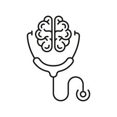 Human Brain and Stethoscope Mental Health Concept Line Icon. Psychology, Neurology Science Linear Pictogram. Human Brain Health Care Outline Icon. Editable Stroke. Isolated Vector Illustration